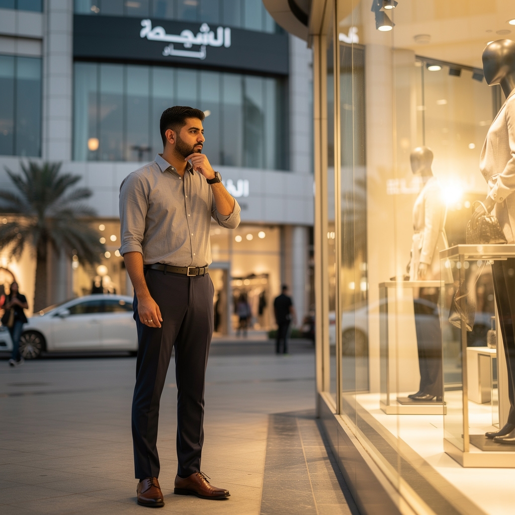 رجل ينظر إلى واجهة متجر ويفكر قبل الشراء