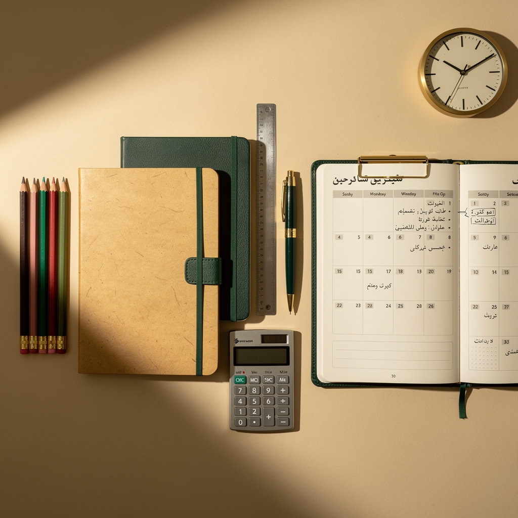 أدوات مدرسية وميزانية مكتوبة على ورقة